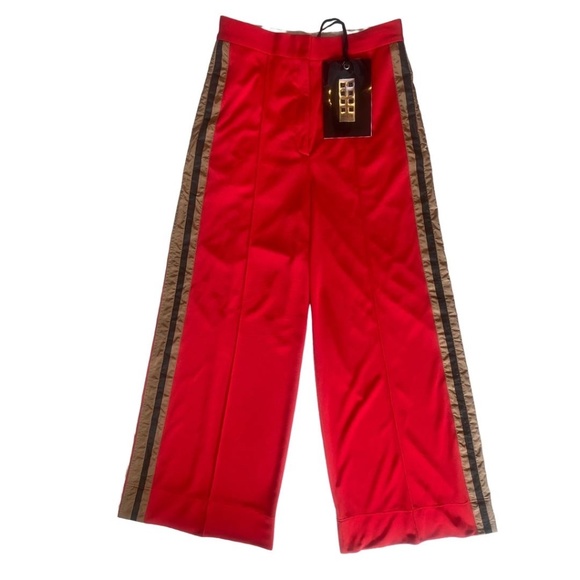 Moncler NWT Red Jersey Sport High Waisted Wide Leg Striped Track Pants Trousers - Picture 1 of 11